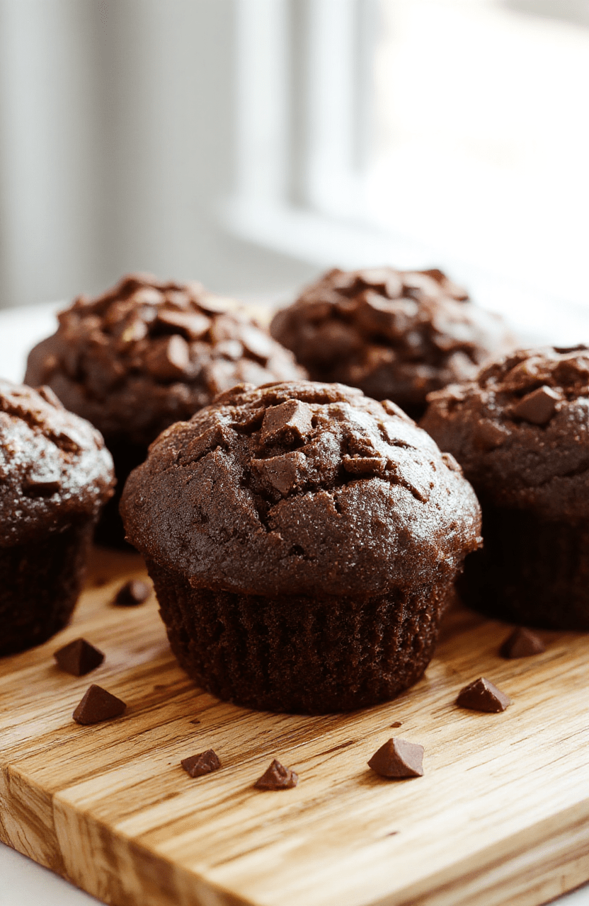 Moist chocolate banana muffins with domed, crackly tops, flecked with dark chocolate chips and banana bits, placed on a rustic wooden cutting board with a dusting of powdered sugar and a halved ripe banana beside them. Soft natural light highlights the rich brown tones and textures.