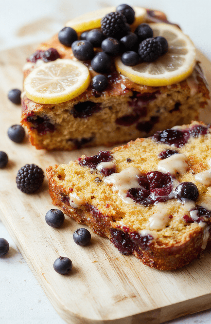 A golden-brown, moist lemon blueberry loaf cake sliced on a white ceramic plate, revealing juicy blueberries embedded throughout, topped with a glossy lemon glaze drizzle; scattered fresh blueberries and lemon zest beside the slice, soft natural light with shallow depth of field.