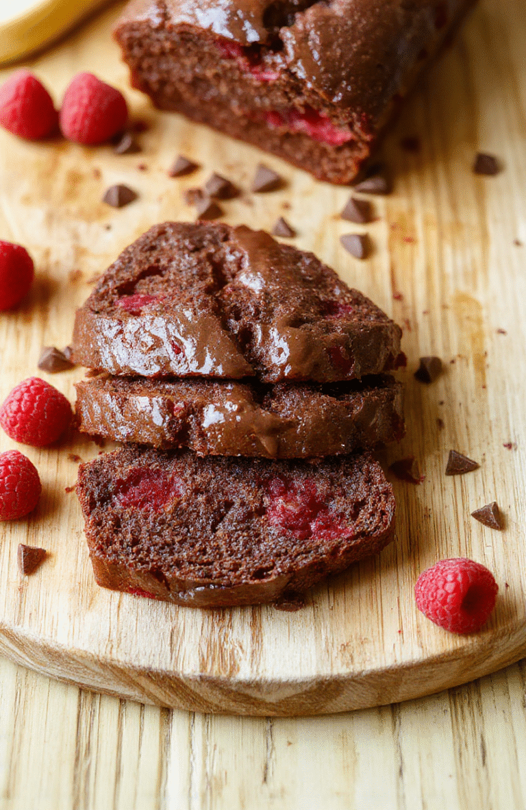 A slice of moist, deeply chocolate-infused banana bread studded with plump fresh raspberries and dark chocolate chunks, placed on a rustic wooden cutting board, with flour-dusted fingers and a few crumbs scattered around. Soft natural daylight casts gentle shadows.