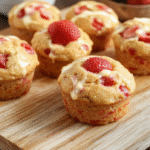 Moist strawberry cream cheese muffins with visible flaky sugar topping, golden brown crusts, swirls of cream cheese inside, and bursts of fresh red strawberries, placed on a rustic wooden board with a few fresh berries nearby