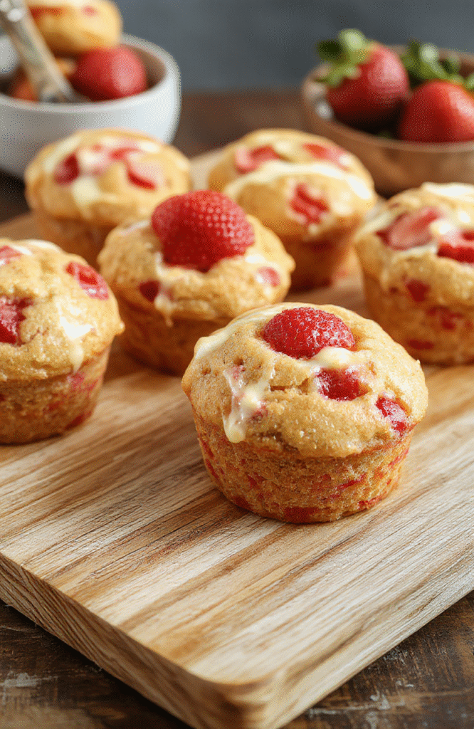 Moist strawberry cream cheese muffins with visible flaky sugar topping, golden brown crusts, swirls of cream cheese inside, and bursts of fresh red strawberries, placed on a rustic wooden board with a few fresh berries nearby