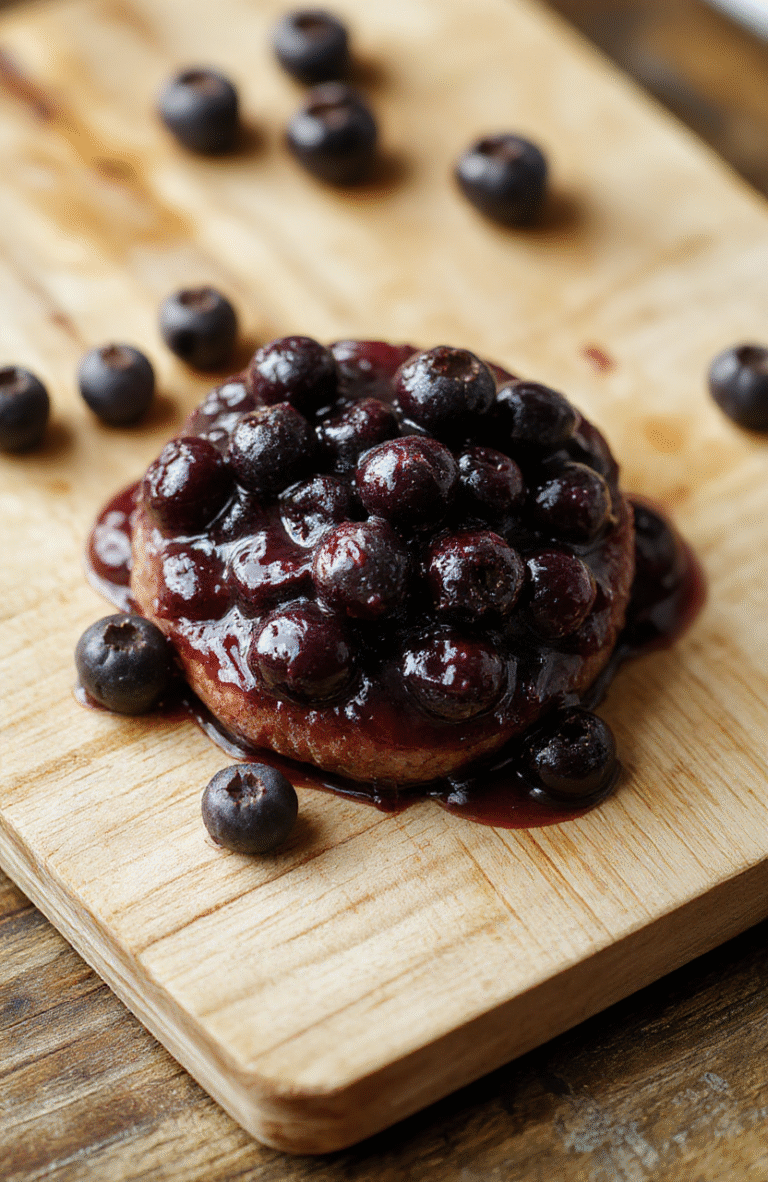 A rustic ceramic bowl filled with vibrant deep-purple blueberry compote, glistening with a sticky glaze, scattered with fresh whole and halved blueberries, a drizzle of honey visible on the side, served with a wooden spoon resting against the rim, soft natural light background with blurred kitchen counter.