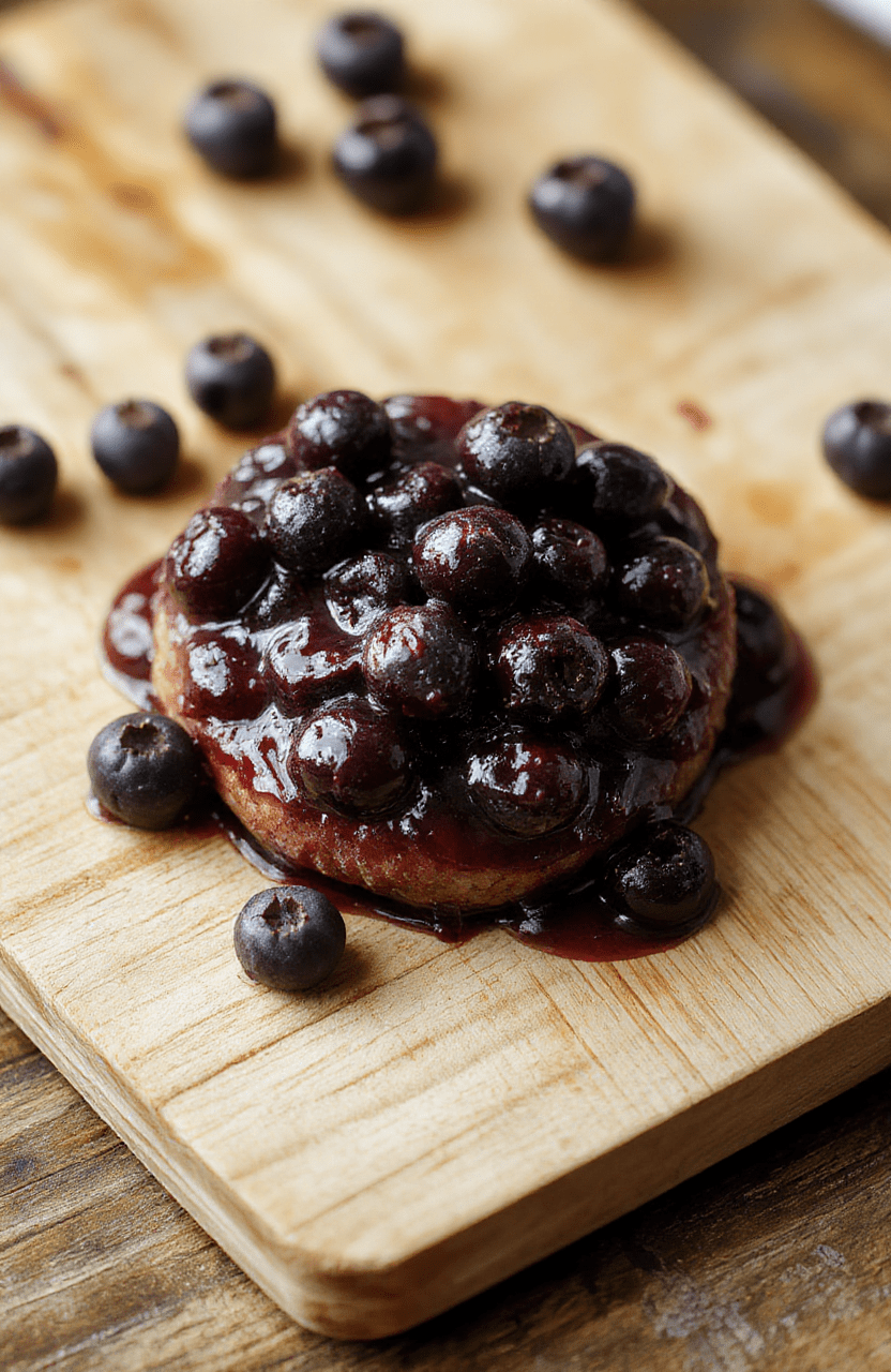 A rustic ceramic bowl filled with vibrant deep-purple blueberry compote, glistening with a sticky glaze, scattered with fresh whole and halved blueberries, a drizzle of honey visible on the side, served with a wooden spoon resting against the rim, soft natural light background with blurred kitchen counter.