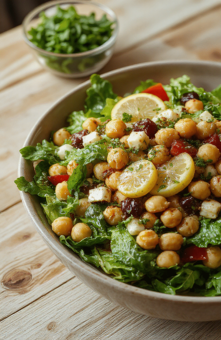 Vibrant Mediterranean dinner salad served in a white ceramic bowl: crisp romaine leaves, halved cherry tomatoes, sliced cucumber, kalamata olives, crumbled feta cheese, and golden chickpeas tossed with lemon-oregano dressing, garnished with fresh parsley and a lemon wedge