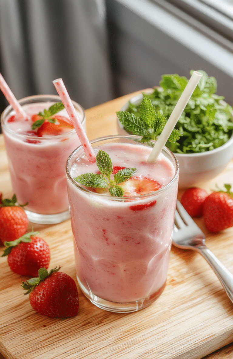 A tall glass of vibrant pink strawberry milk with fresh whole strawberries and ice cubes visible inside, condensation on the glass, resting on a light oak wood surface, natural daylight, soft shadows, casual home setting.