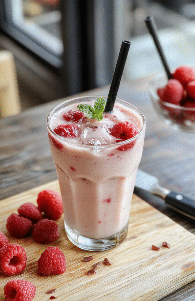 A tall glass with layers of icy coffee, vibrant pink raspberry syrup, and creamy milk, topped with a swirl of vanilla syrup and fresh raspberries; condensation beads on the glass, sunlit background, vibrant colors against a light wooden table.