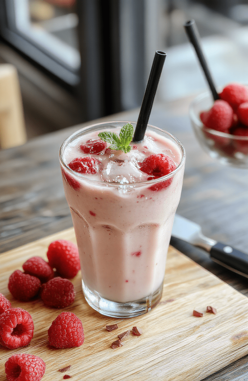 A tall glass with layers of icy coffee, vibrant pink raspberry syrup, and creamy milk, topped with a swirl of vanilla syrup and fresh raspberries; condensation beads on the glass, sunlit background, vibrant colors against a light wooden table.