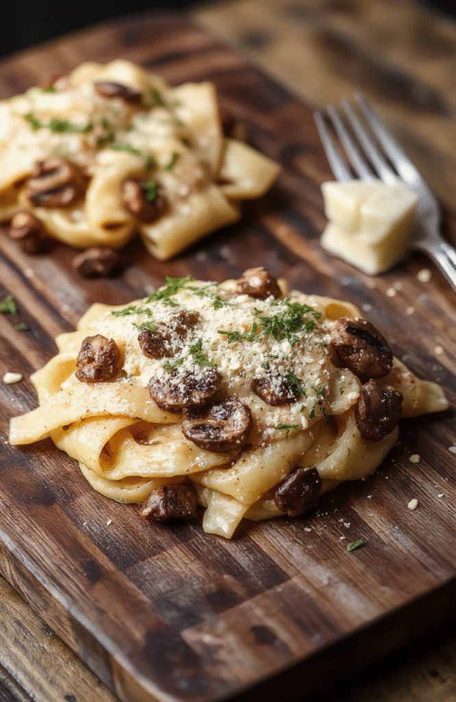 Creamy mushroom gruyere pasta in a shallow ceramic bowl, golden-brown pasta coated in rich cheese sauce, with sautéed wild mushrooms and parsley speckles, served on a rustic wooden board against a soft beige linen backdrop, natural daylight highlighting the texture and sheen of the sauce.