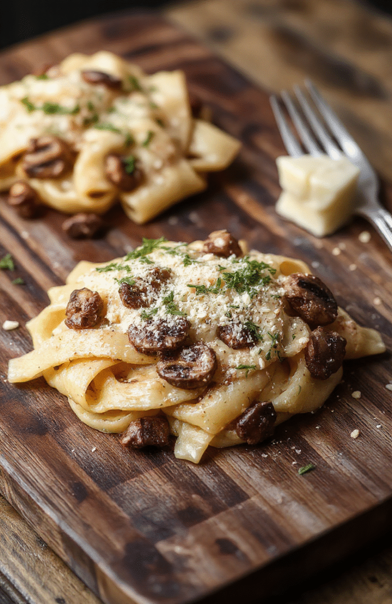 Creamy mushroom gruyere pasta in a shallow ceramic bowl, golden-brown pasta coated in rich cheese sauce, with sautéed wild mushrooms and parsley speckles, served on a rustic wooden board against a soft beige linen backdrop, natural daylight highlighting the texture and sheen of the sauce.