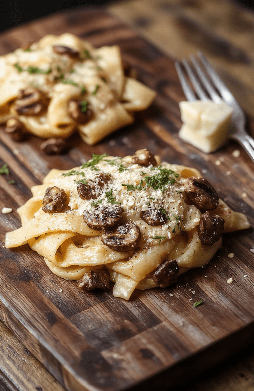 Creamy mushroom gruyere pasta in a shallow ceramic bowl, golden-brown pasta coated in rich cheese sauce, with sautéed wild mushrooms and parsley speckles, served on a rustic wooden board against a soft beige linen backdrop, natural daylight highlighting the texture and sheen of the sauce.