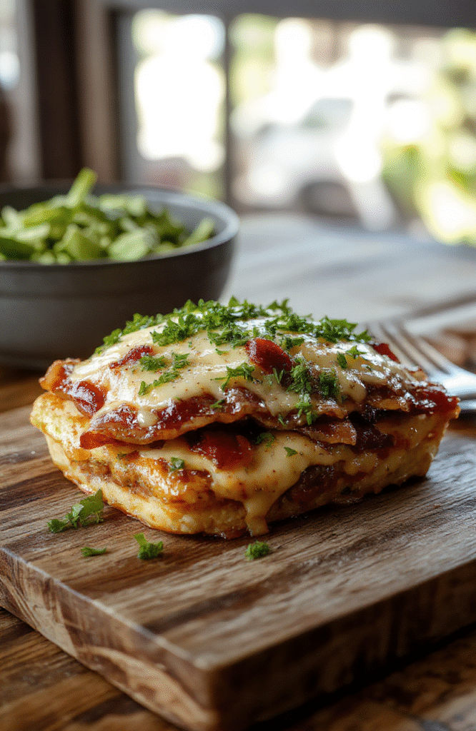 A golden-brown cheeseburger pie in a deep pie dish, topped with melted cheddar cheese, crispy bacon bits, and fresh diced onions. The crust is flaky and golden, with visible cheese pull strands and a rustic, savory appearance. Background is a wooden table with soft natural lighting.