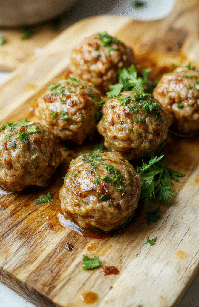 Plump, golden-brown meatballs glistening with aromatic garlic butter sauce, nestled on a simple white ceramic plate alongside a pile of rustic steamed green beans and a sprinkle of fresh parsley. Soft natural light highlights the glistening glaze and tender texture of the meatballs.