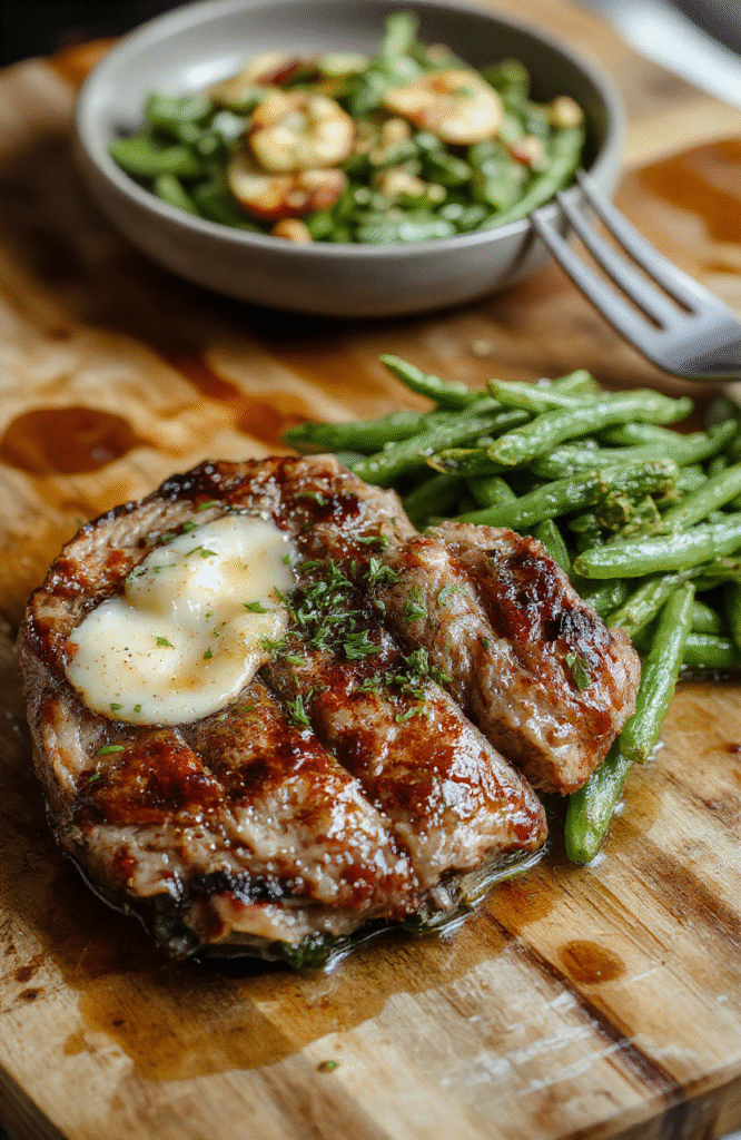 Juicy ribeye steak slices glazed in golden garlic butter, nestled beside vibrant steamed green beans with a garnish of fresh parsley, served on a rustic ceramic plate against a light wooden tabletop in soft daylight.