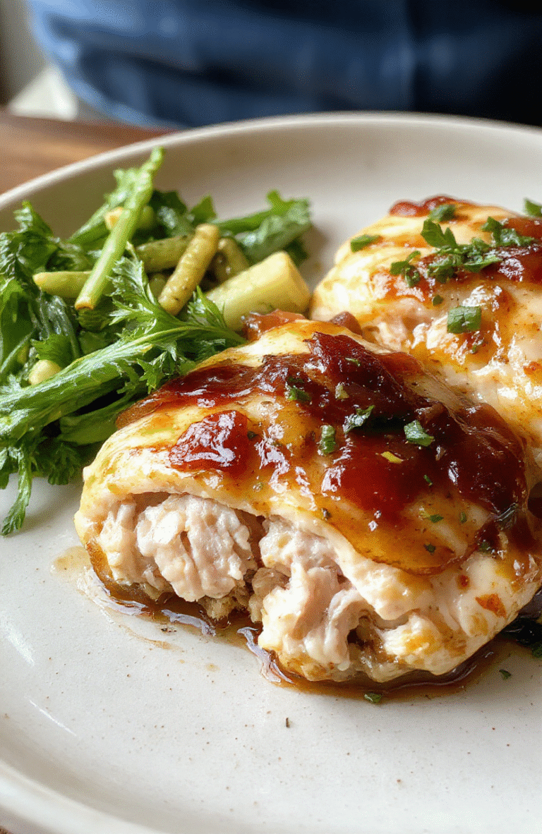 Golden-brown crispy bacon-wrapped chicken breast fillets resting on a ceramic plate, glossy maple garlic glaze dripping down the sides, garnished with fresh rosemary sprigs and a dusting of black pepper, served alongside roasted baby potatoes and steamed green beans on a rustic wooden board under natural daylight.