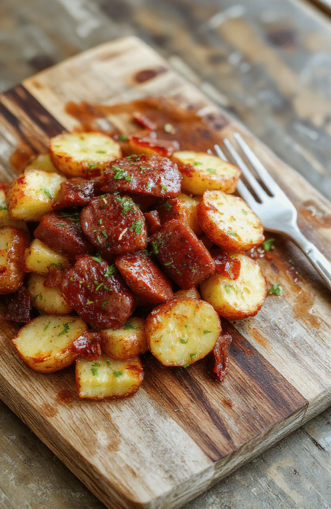 Golden-brown kielbasa sausage links and crispy roasted baby potatoes on a large baking sheet, lightly charred edges, flecks of rosemary and garlic, scattered with fresh parsley, served in rustic parchment paper-lined pan against木质 cutting board background with soft natural light.