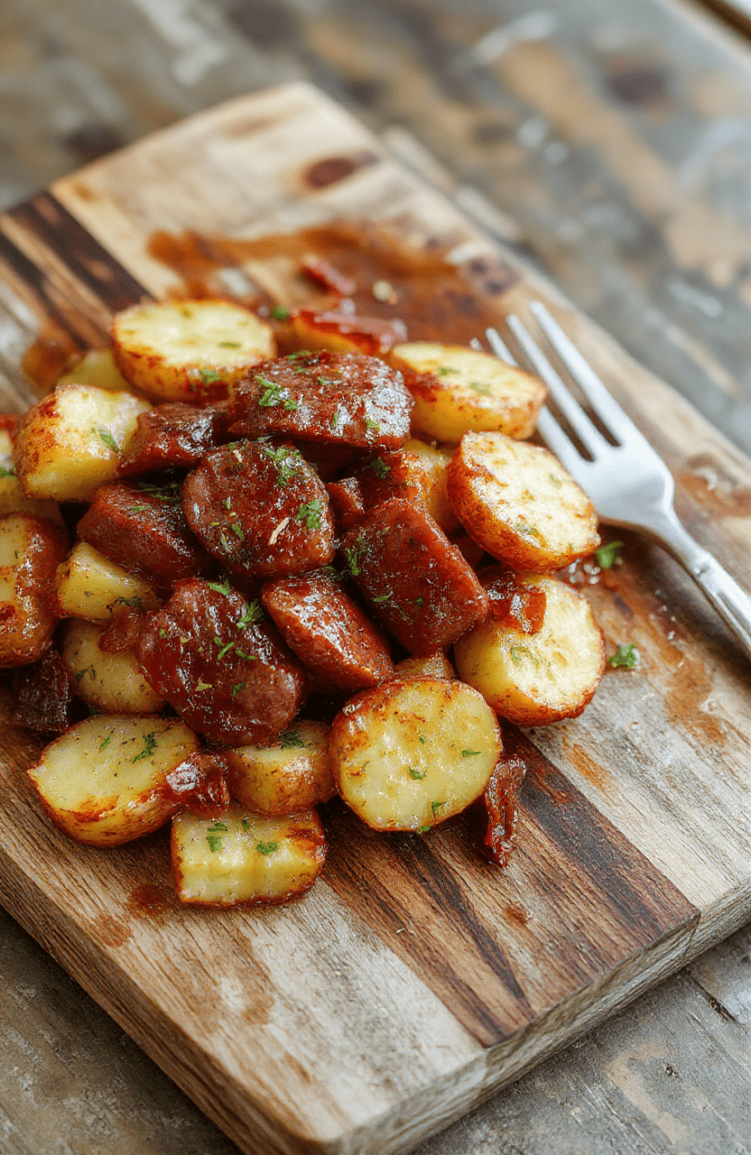 Golden-brown kielbasa sausage links and crispy roasted baby potatoes on a large baking sheet, lightly charred edges, flecks of rosemary and garlic, scattered with fresh parsley, served in rustic parchment paper-lined pan against木质 cutting board background with soft natural light.