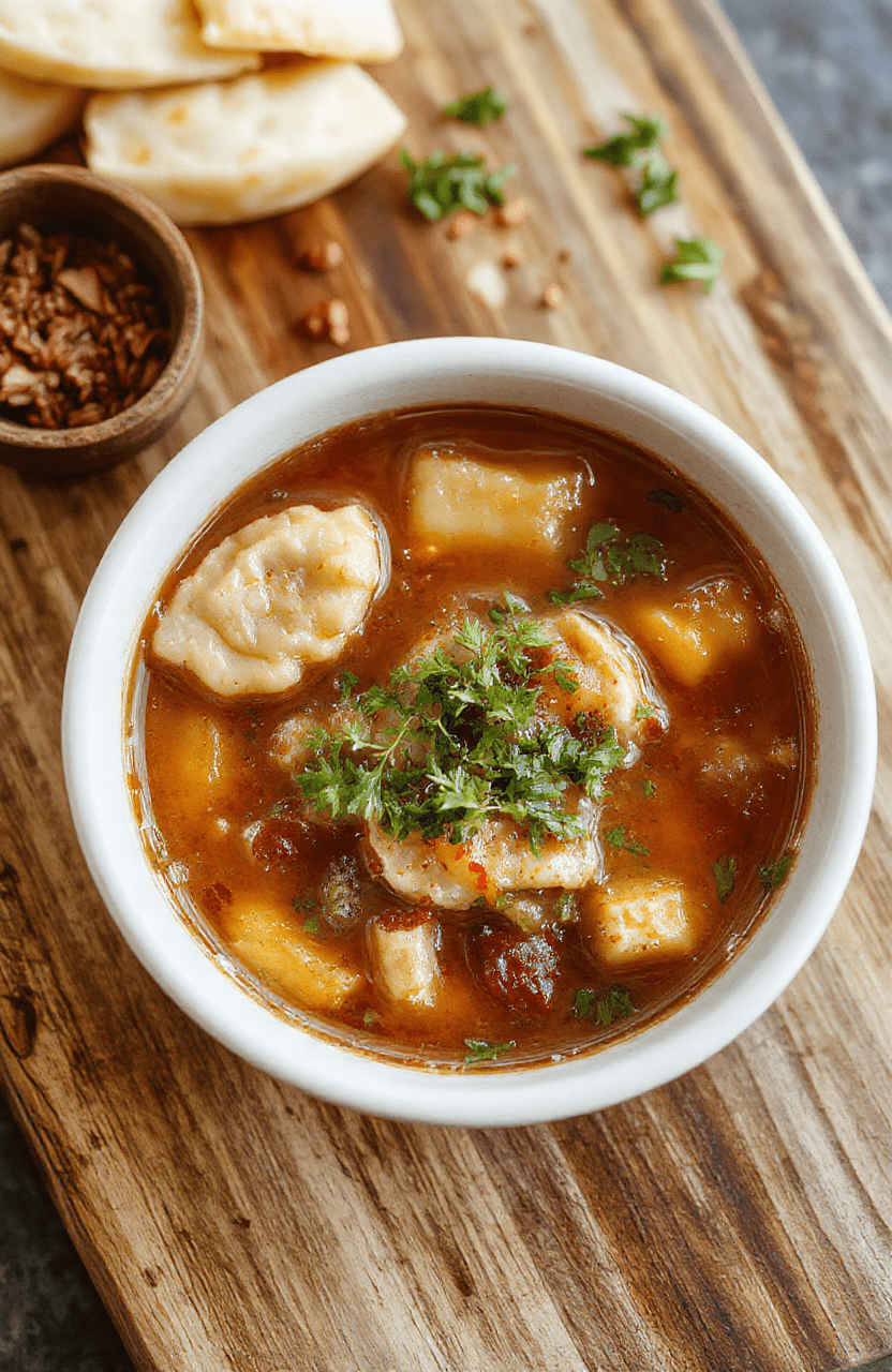 A steaming bowl of fragrant potsticker soup with delicate dumplings floating in golden broth, garnished with fresh green onions and sesame seeds, served on a rustic wooden cutting board with soft natural lighting and shallow depth of field focusing on the rich textures.