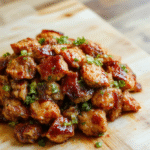 Golden-brown seared teriyaki chicken strips glistening with glossy sauce, served over fluffy white rice with steamed broccoli and sliced green onions, arranged on a rustic ceramic plate against a light wooden table, with soft natural lighting and minimal props