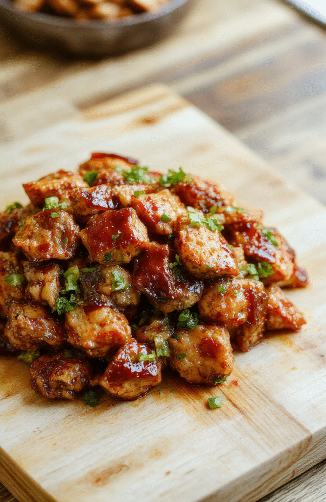 Golden-brown seared teriyaki chicken strips glistening with glossy sauce, served over fluffy white rice with steamed broccoli and sliced green onions, arranged on a rustic ceramic plate against a light wooden table, with soft natural lighting and minimal props
