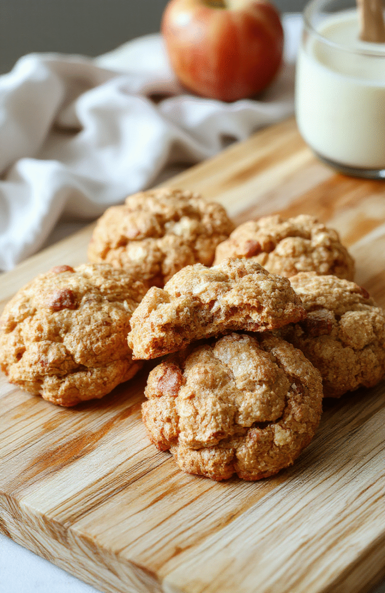 A batch of soft, chewy oatmeal cookies with visible oats and raisins, lightly dusted with powdered sugar, placed on a rustic wooden board beside a glass of milk and a small bowl of applesauce.
