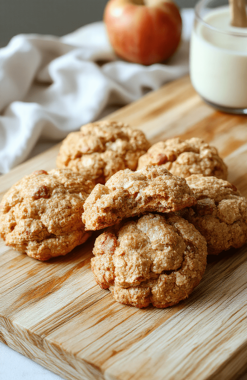A batch of soft, chewy oatmeal cookies with visible oats and raisins, lightly dusted with powdered sugar, placed on a rustic wooden board beside a glass of milk and a small bowl of applesauce.