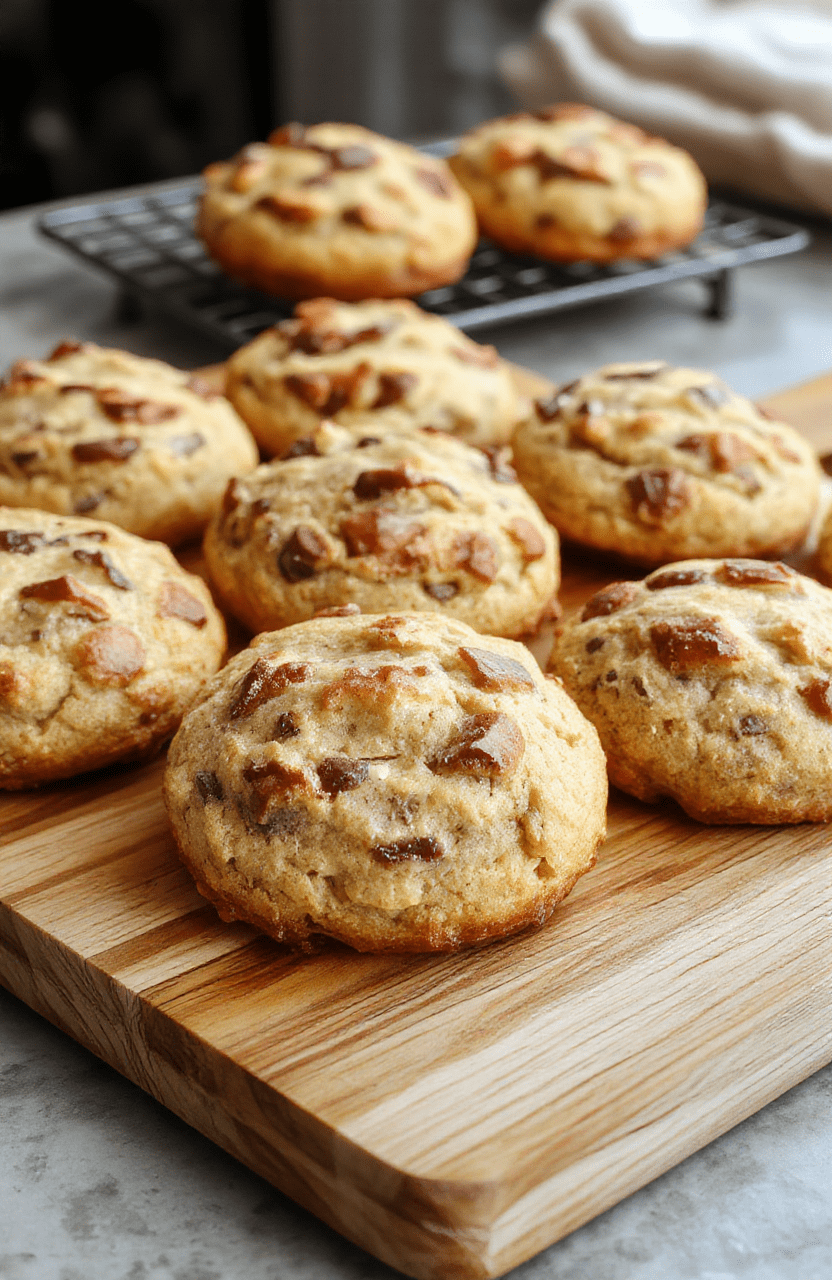 A rustic wooden board topped with 8-10 soft, golden-brown banana bread cookies, each slightly domed with cracked tops, revealing a moist interior. A few chopped walnuts and dark chocolate chips are visible on the surface. Background is soft, blurred kitchen counter in warm beige tones, with natural light casting gentle shadows. Cookies are arranged in two overlappingrows with a light dusting of powdered sugar on top.