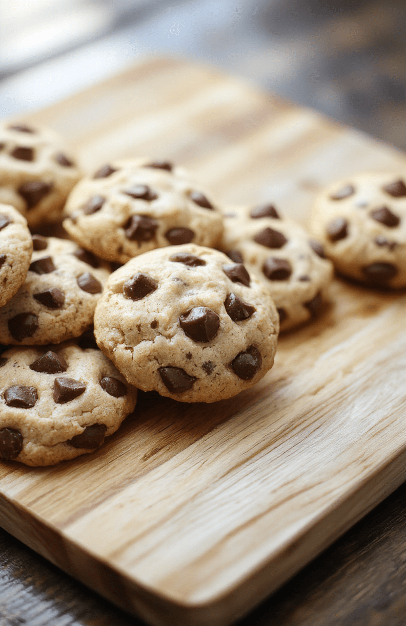 Soft, chewy chocolate chip cookies with visible lavender buds and dark chocolate chunks on a rustic wooden board, dusted lightly with powdered sugar, natural daylight, shallow depth of field, lower third of image empty