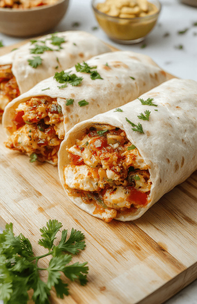 Fresh Southwest Chicken Wraps wrapped in golden tortillas, sliced in half showing vibrant layers of grilled chicken, black beans, red bell peppers, avocado slices, and melted cheese inside, garnished with fresh cilantro and lime wedges on a rustic wooden board with a touch of cayenne seasoning dusting, natural daylight, shallow depth of field, soft shadows.