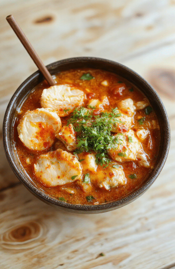 Bowl of steaming spicy creamy chicken ramen topped with sliced green onions, soft-boiled egg, chili flakes, and shredded chicken; creamy pink broth with noodles, cozy kitchen background in natural light.