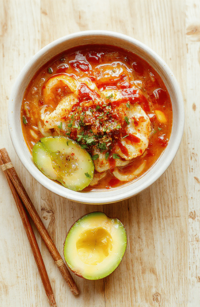 Close-up of steaming spicy gochujang udon noodles in a white ceramic bowl, topped with sliced green onions, sesame seeds, and a soft-boiled egg, garnished with shredded nori and red chili flakes, on a light wooden tabletop with subtle grain texture, soft natural light, vibrant red-orange sauce coating thick wheat udon noodles.