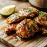 Golden-brown chicken thighs glistening with sticky honey garlic glaze, nestled in a ceramic crockpot with visible caramelized edges, fresh garlic cloves and sliced scallions scattered on top, served over fluffy white rice with a side of steamed broccoli