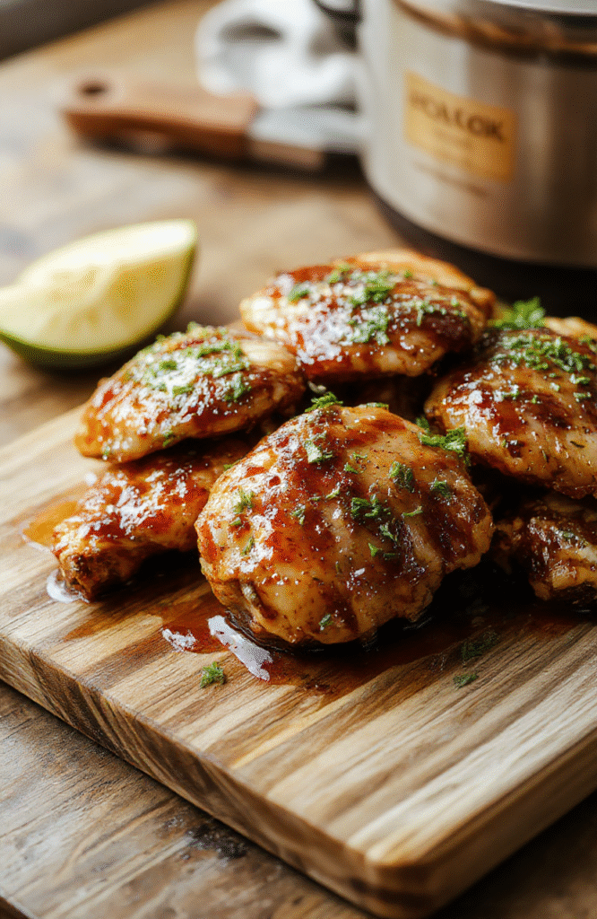 Golden-brown chicken thighs glistening with sticky honey garlic glaze, nestled in a ceramic crockpot with visible caramelized edges, fresh garlic cloves and sliced scallions scattered on top, served over fluffy white rice with a side of steamed broccoli