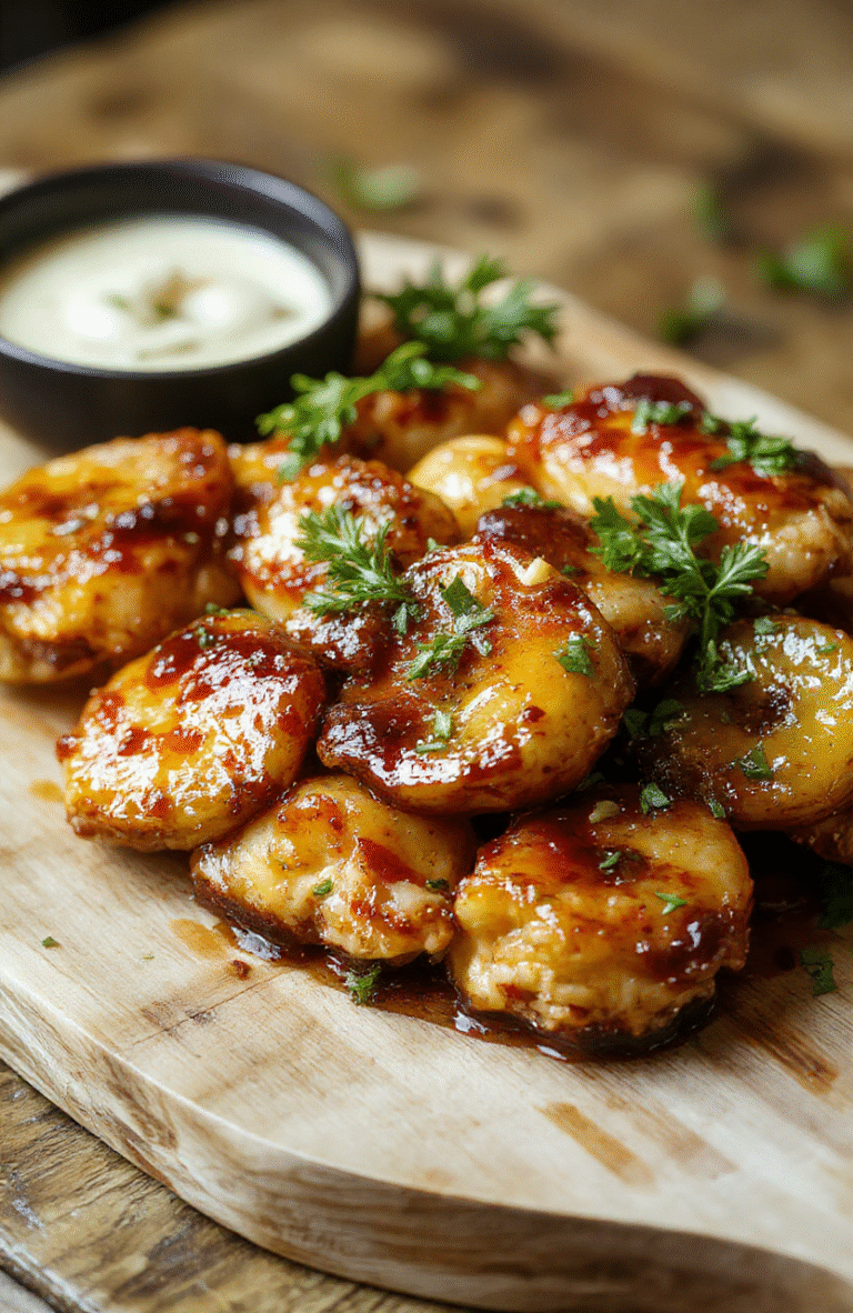 Glossy sticky pineapple chicken pieces with golden-brown edges, nestled over fluffy white rice, garnished with chopped fresh cilantro and pineapple chunks, served on a rustic wooden board with subtle steam rising.
