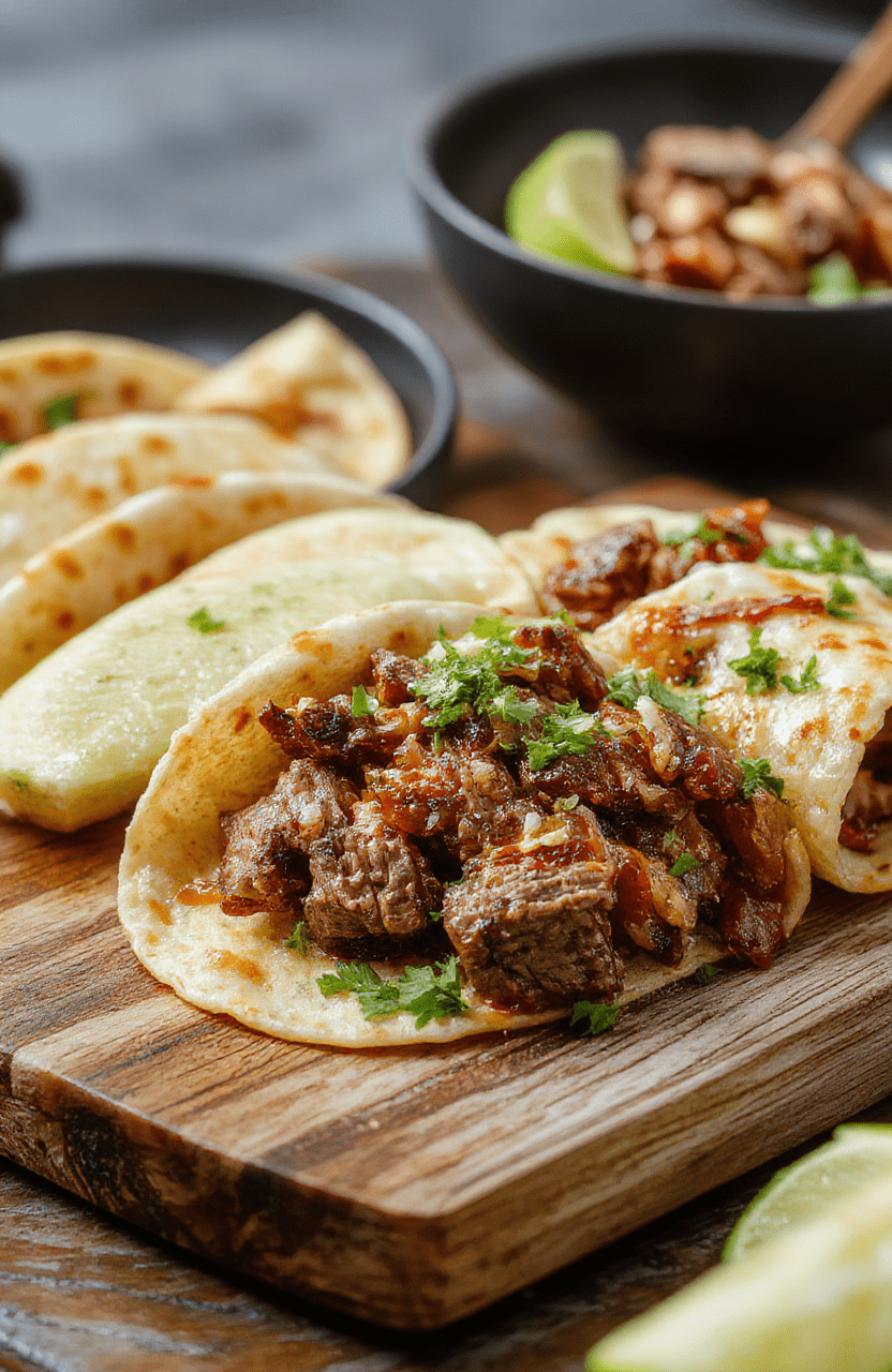 Two tacos with soft corn tortillas filled with glistening, shredded beef chuck roast, topped with fresh cilantro, diced red onion, and a squeeze of lime; served on a rustic wooden board with a side of warm tortillas and lime wedges, natural daylight, shallow depth of field, soft shadows.