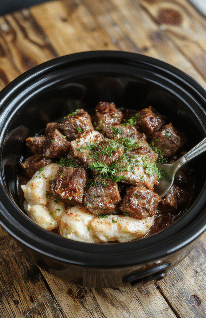 A rustic ceramic crock pot bowl filled with tender, browned cube steaks simmering in a rich brown gravy, alongside soft carrots and potatoes; garnished with fresh parsley, served on a wooden.board with warm lighting and soft shadows.