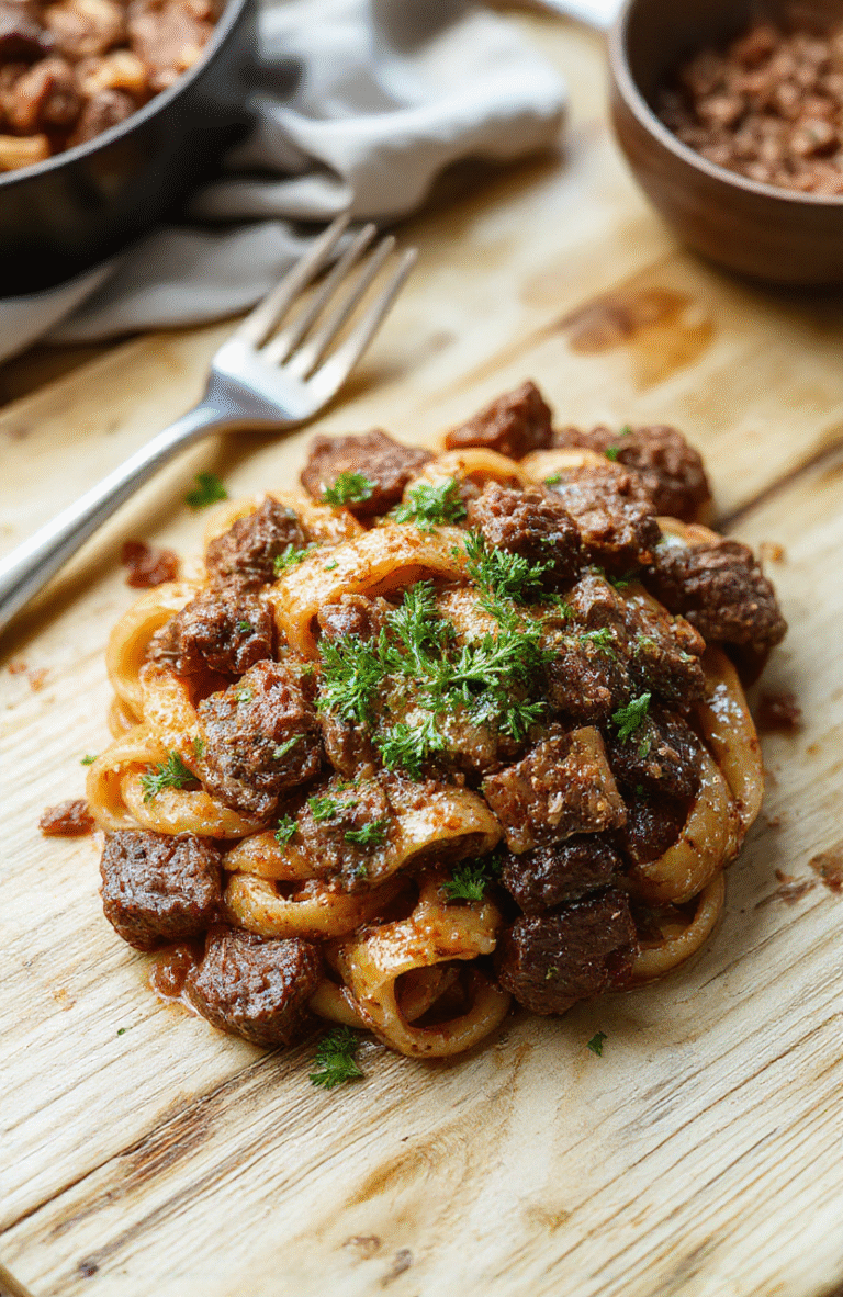 A steaming bowl of tender slow cooker beef pasta with soft al dente pasta, shreds of savory braised beef, diced carrots, and a light tomato-herb sauce, garnished with fresh parsley, set on a rustic wooden table with soft natural daylight and shallow depth of field.