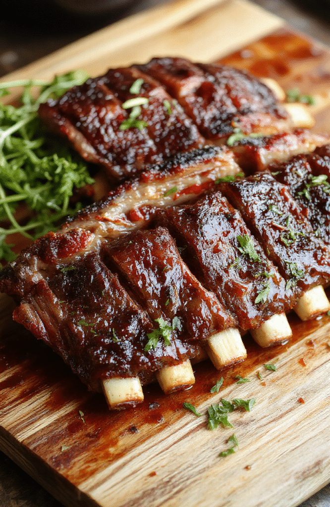 Glossy, fall-off-the-bone beef short ribs with deep mahogany glaze rest on a rustic wooden cutting board, garnished with fresh parsley and surrounded by roasted garlic cloves and caramelized carrots. Steam rises gently, emphasizing tenderness and warmth.