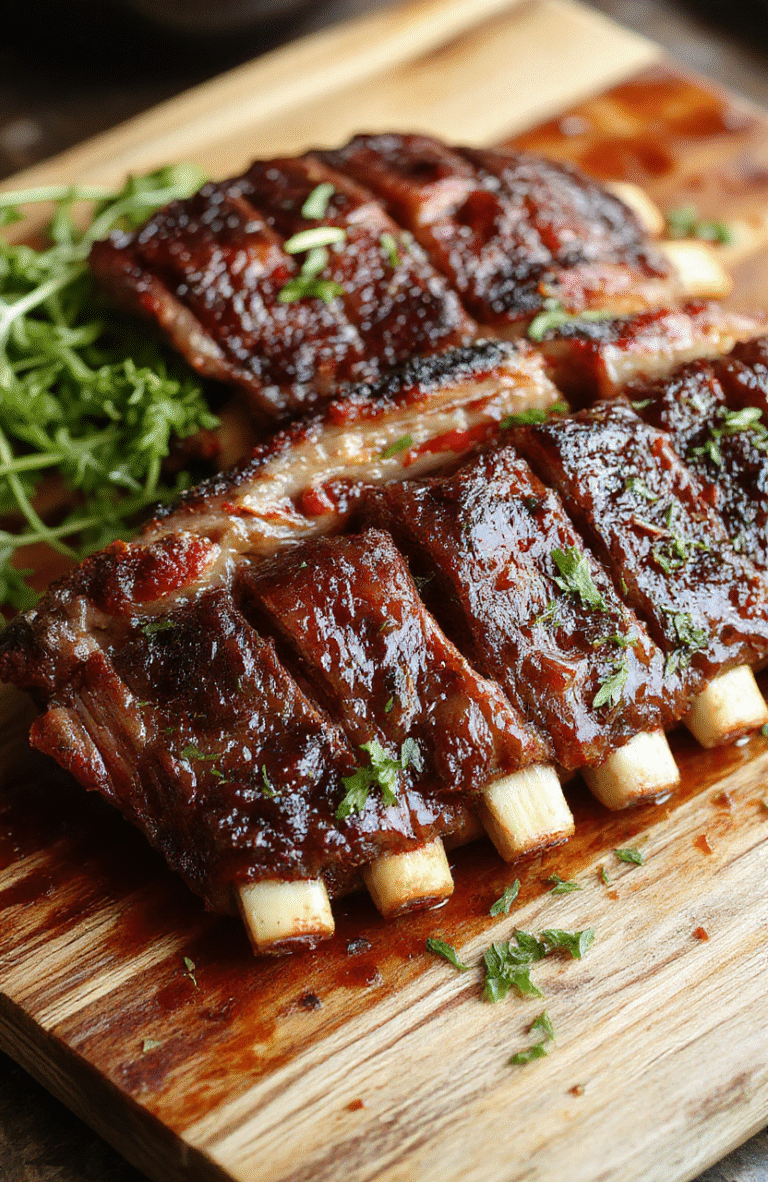 Glossy, fall-off-the-bone beef short ribs with deep mahogany glaze rest on a rustic wooden cutting board, garnished with fresh parsley and surrounded by roasted garlic cloves and caramelized carrots. Steam rises gently, emphasizing tenderness and warmth.