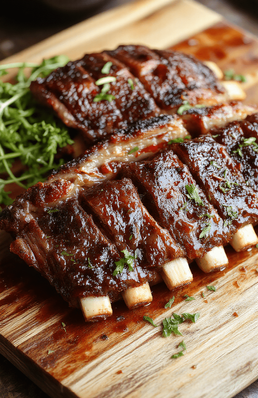 Glossy, fall-off-the-bone beef short ribs with deep mahogany glaze rest on a rustic wooden cutting board, garnished with fresh parsley and surrounded by roasted garlic cloves and caramelized carrots. Steam rises gently, emphasizing tenderness and warmth.