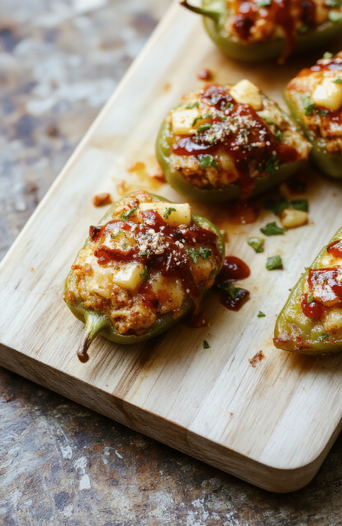 Vibrant halved bell peppers filled with fluffy jasmine rice, tender chicken bits, chopped pineapple, and green onions, glazed with glossy teriyaki sauce, served on a rustic wooden board with charred edges and a sprig of cilantro.