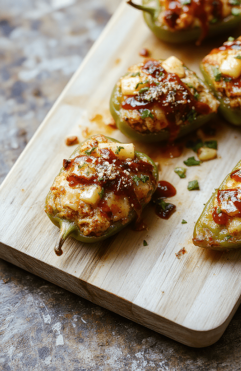 Vibrant halved bell peppers filled with fluffy jasmine rice, tender chicken bits, chopped pineapple, and green onions, glazed with glossy teriyaki sauce, served on a rustic wooden board with charred edges and a sprig of cilantro.
