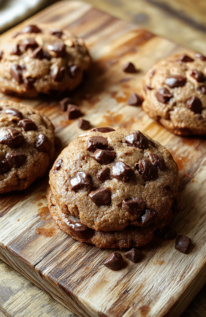 A golden-brown, thick and chewy chocolate chip cookie with deep caramelized edges, soft center, and generous chunks of semi-sweet chocolate oozing slightly, sits alone on a rustic wooden board with a dusting of powdered sugar and a drizzle of sea salt.