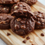 A rustic wooden board holding three thick, chewy chocolate walnut cookies topped with cracked sea salt, golden edges, and dark chocolate chunks visible inside, with scattered walnuts and chocolate shavings on the side, captured in natural daylight with soft shadows.