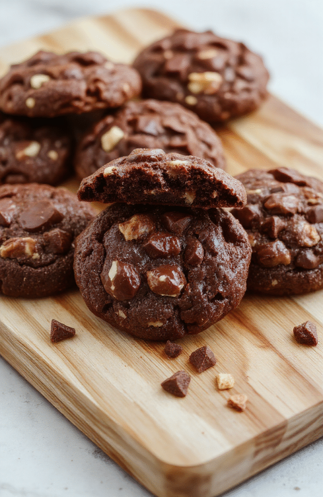A rustic wooden board holding three thick, chewy chocolate walnut cookies topped with cracked sea salt, golden edges, and dark chocolate chunks visible inside, with scattered walnuts and chocolate shavings on the side, captured in natural daylight with soft shadows.