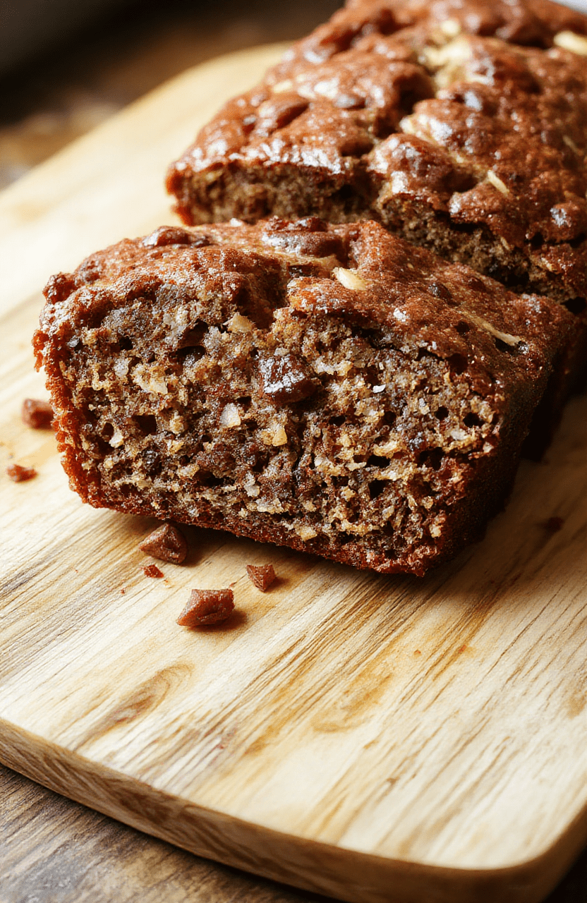 A golden-brown loaf of moist banana bread sliced on a rustic wooden cutting board, revealing a tender crumb with visible banana specks. Steam rises gently, and a dusting of powdered sugar adds delicate contrast against the dark crust.