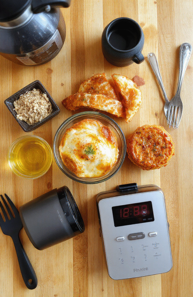 Overhead flat lay of high-quality kitchen gadgets on a warm oak countertop: silicon tongs, a digital thermometer, chef’s knife, silicone spatulas, microplane grater, and a mandoline slicer arranged neatly beside fresh herbs and citrus, soft natural light casting gentle shadows.