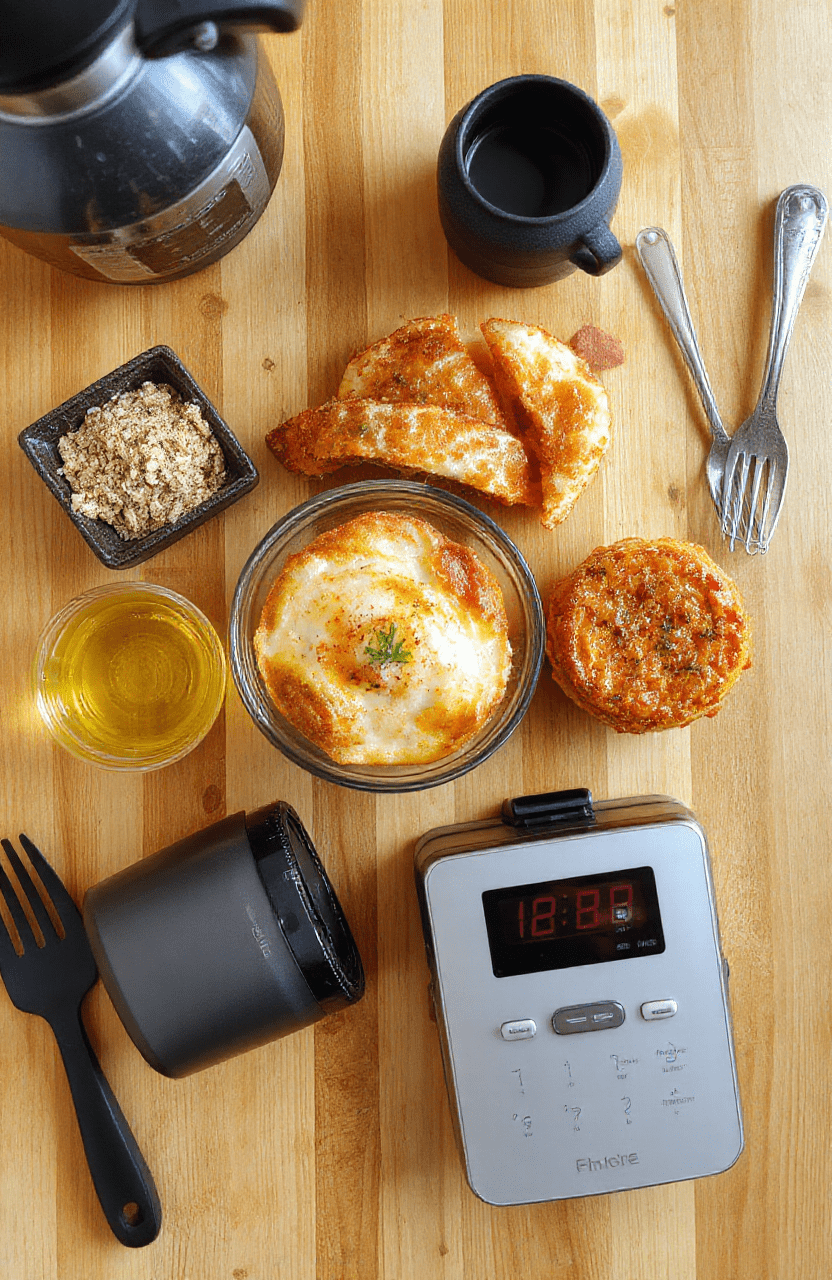 Overhead flat lay of high-quality kitchen gadgets on a warm oak countertop: silicon tongs, a digital thermometer, chef’s knife, silicone spatulas, microplane grater, and a mandoline slicer arranged neatly beside fresh herbs and citrus, soft natural light casting gentle shadows.