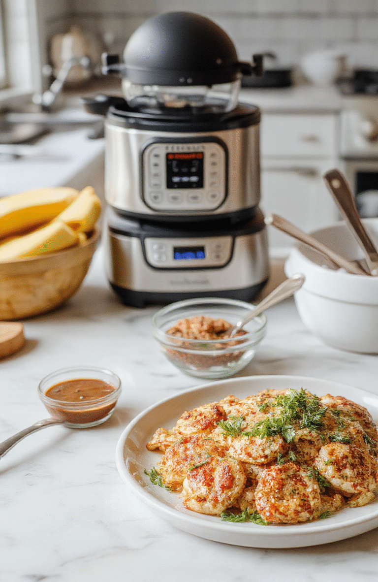 Organized set of essential kitchen gadgets arranged on a clean white marble countertop: silicone spatulas, chef’s knife, digital thermometer, microplane zester, immersion blender, and measuring tools, with natural light and soft shadows.