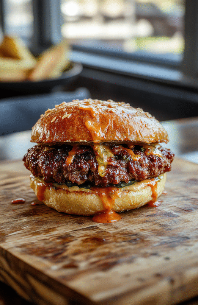 A golden-brown grilled patty melt sandwich on crispy, buttery rye bread, oozing with melted Swiss cheese and caramelized onions, placed on a rustic wooden board with a dollop of tangy secret sauce and fresh lettuce on the side.