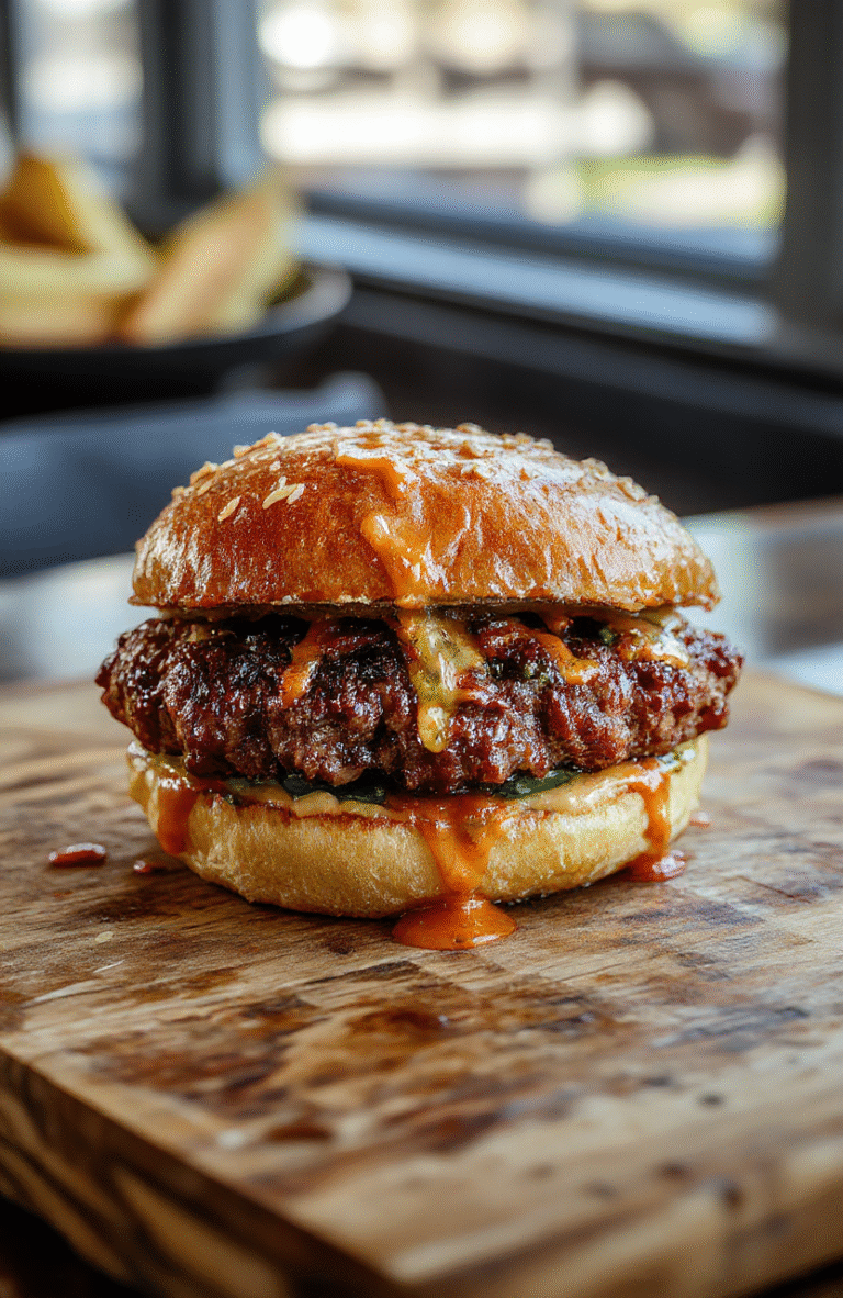 A golden-brown grilled patty melt sandwich on crispy, buttery rye bread, oozing with melted Swiss cheese and caramelized onions, placed on a rustic wooden board with a dollop of tangy secret sauce and fresh lettuce on the side.